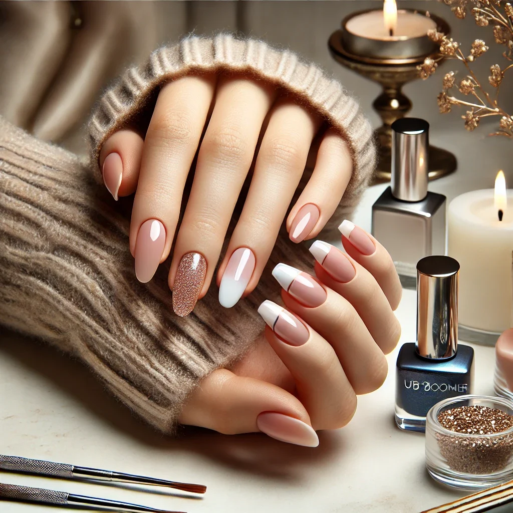 DALL·E 2025-01-25 17.38.00 – A luxurious beauty setting featuring a well-manicured hand with natural-looking nails enhanced with options like glitter, babyboomer gradient, and Fre DALL·E 2025-01-25 17.38.00 - A luxurious beauty setting featuring a well-manicured hand with natural-looking nails enhanced with options like glitter, babyboomer gradient, and Fre