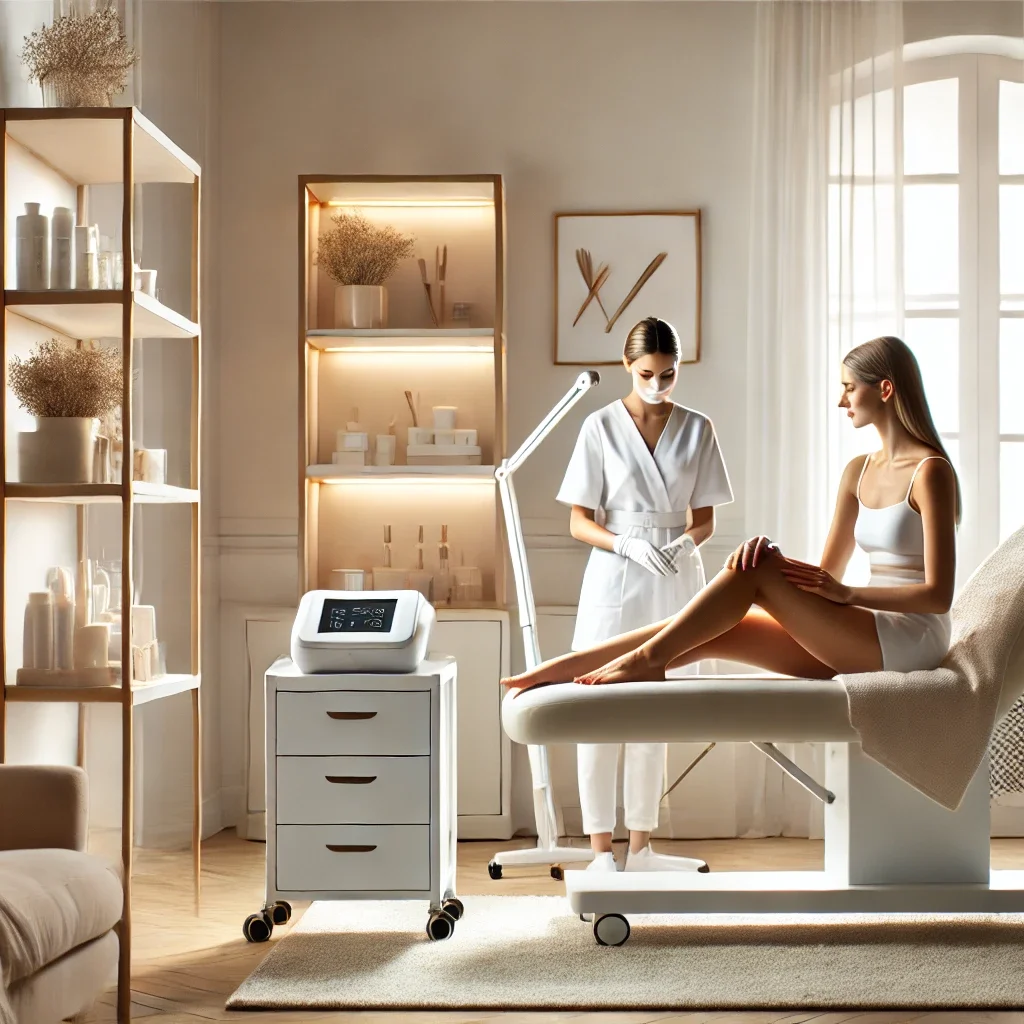 DALL·E 2025-01-27 12.11.49 – A stylish and minimalistic beauty salon setting focused on hair removal. The image features a relaxing and luxurious atmosphere with a modern treatmen DALL·E 2025-01-27 12.11.49 - A stylish and minimalistic beauty salon setting focused on hair removal. The image features a relaxing and luxurious atmosphere with a modern treatmen
